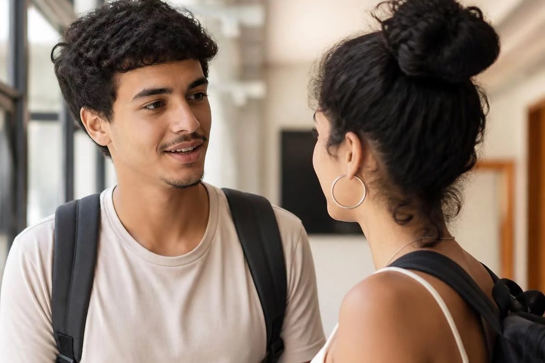 Dois estudantes de mochila continuam a discussão no corredor depois da sessão