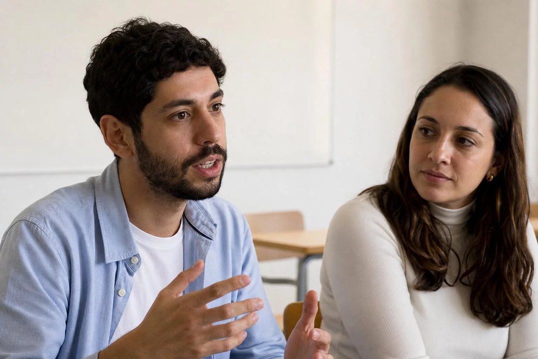 Três participantes conversam ao redor de uma mesa comprida numa sala clara de janelas altas
